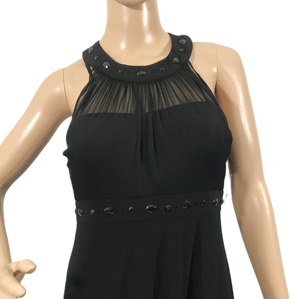Sleeveless Beaded Dress Sheer Panel Elegant Evening Dress Black Petite 12P